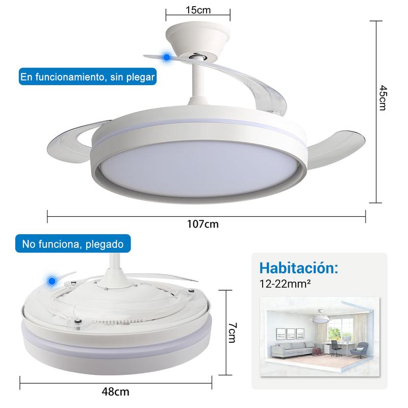 Ventilador de Techo con Luz LED y Aspas Plegables - Silencioso, Inteligente y Multifunción